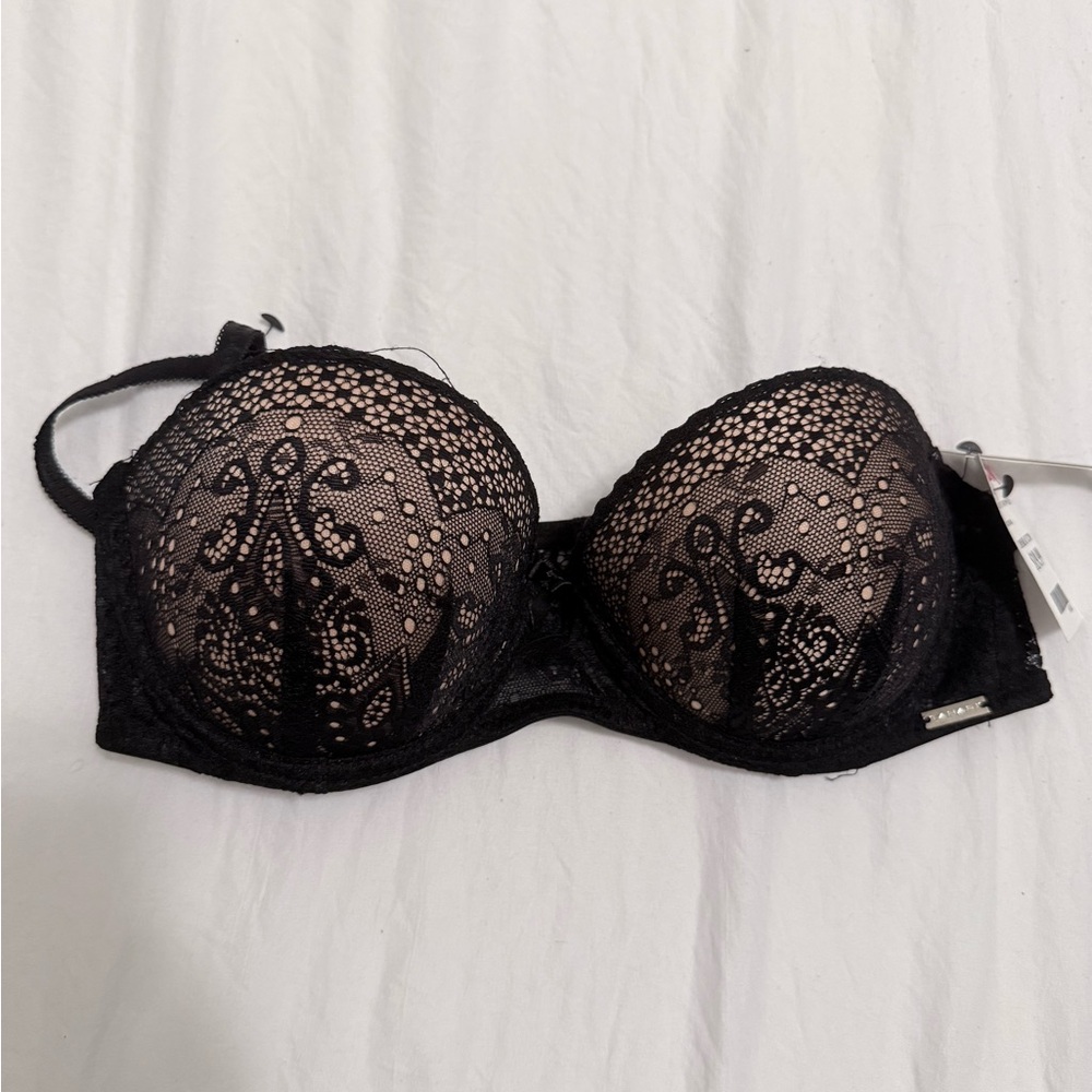 Tahari Black Lace Strapless Bra with Sheer Overlay